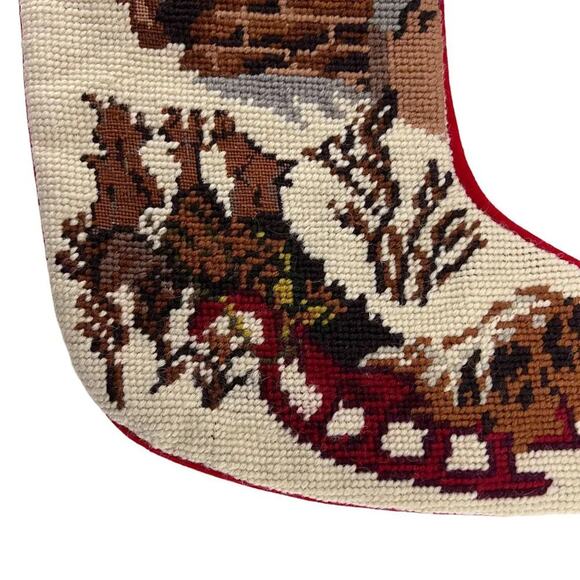 Vintage Needlepoint & Velvet Stockings Christmas Scene Santa Sleigh Stocking - Picture 3 of 7